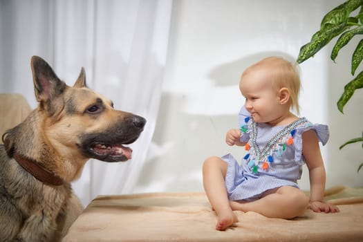 A toddler girl in blue and white striped dress sits on a tan blanket while a brown and black German Shepherd dog looks at her