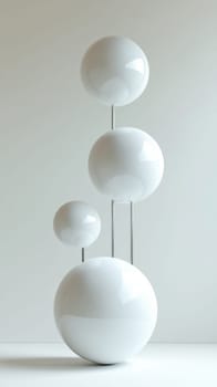 A modern art installation featuring glossy white spheres stacked in a vertical arrangement. The minimalist design and smooth surfaces create a sense of balance and elegance, ideal for contemporary decor