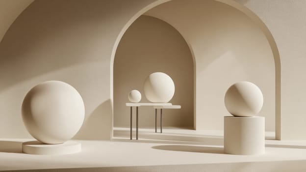 A serene minimalist interior features large and small spheres on pedestals and tables. The soft beige tones and curved arches create a harmonious and modern aesthetic, ideal for design inspiration