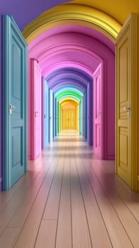 A long hallway features a series of doors painted in rainbow colors, creating a visually striking and surreal environment. The wooden floor adds warmth, enhancing the vibrant aesthetic