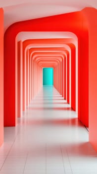 A striking architectural hallway features a series of vibrant red arches, creating a visually captivating pathway that leads to a contrasting turquoise wall. The design emphasizes modern aesthetics