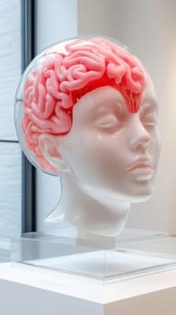 A transparent mannequin head showcases a detailed pink brain model, highlighting anatomical features. The display is set in a contemporary environment, emphasizing educational and scientific themes