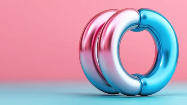 Two metallic rings, one pink and one blue, are intertwined, creating a modern and abstract composition. The pastel pink and blue background enhances the futuristic and stylish design