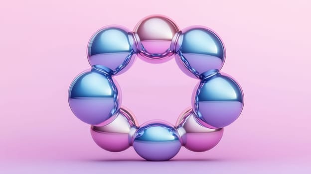 A visually striking composition featuring glossy, metallic spheres arranged in a circular pattern. The spheres reflect pink and blue hues, creating a modern and futuristic aesthetic against a pastel backdrop
