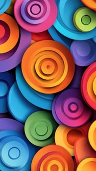 A vibrant array of overlapping circles in bold colors forms a dynamic abstract pattern. The design features a mix of orange, blue, purple, and green, creating a lively and energetic visual effect