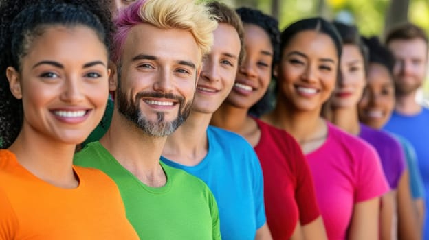 Caption: Diverse group of smiling people in colorful shirts standing in a line outdoors
