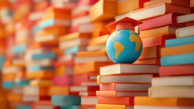 A small globe with a graduation cap rests on a pile of books, representing the concept of global education and the pursuit of knowledge. The vibrant colors of the books add a lively and engaging atmosphere
