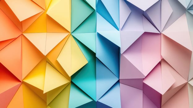 A vibrant display of geometric paper art featuring folded shapes in a spectrum of colors. The intricate design showcases a blend of warm and cool tones, creating a visually striking and dynamic composition
