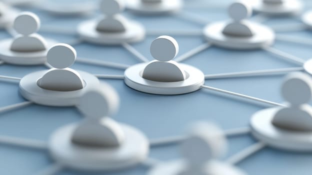 Abstract representation of a social network with white human figures connected by lines on a blue background, symbolizing communication, teamwork, and digital connectivity