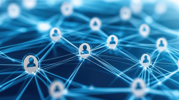 Illustration of a digital network with interconnected user icons, symbolizing social media and communication. Blue tones emphasize the technological and futuristic theme