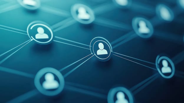 Digital illustration depicting interconnected user icons on a network, symbolizing social media connections and online communication. Ideal for technology, networking, and digital communication themes