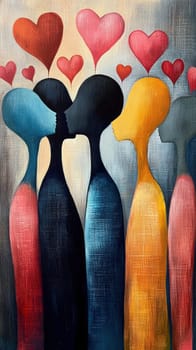 Abstract painting depicting diverse human figures in silhouette, expressing love and connection through heart symbols. The artwork uses bold colors and textures to convey emotion and unity