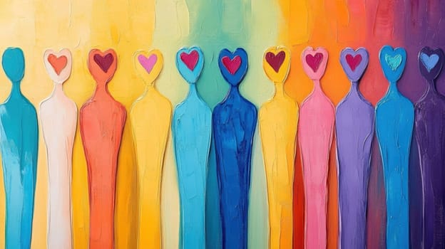 Vibrant abstract artwork featuring faceless figures with heart-shaped heads, symbolizing love and unity. The rainbow spectrum of colors adds a lively and harmonious feel to the composition