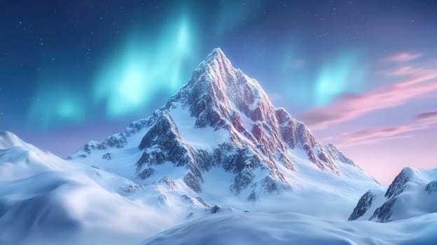 A majestic snow-covered mountain stands tall under the mesmerizing aurora borealis. The vibrant colors of the northern lights illuminate the serene winter landscape, creating a breathtaking natural scene