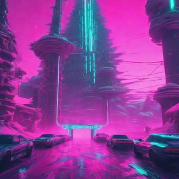 futurism city purple blue tone, modern cars, neon. High quality illustration