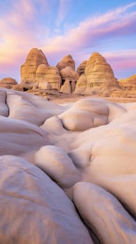 Unique rock formations in a desert setting are illuminated by a colorful sunset. The smooth, rounded shapes of the rocks contrast with the dramatic sky, showcasing nature's artistry