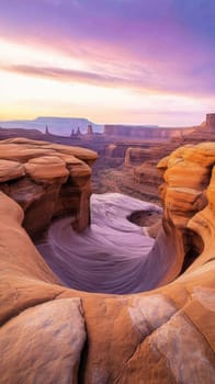 A breathtaking view of a desert canyon with unique rock formations under a colorful sunset sky. The natural beauty and geological features make it a perfect destination for nature enthusiasts