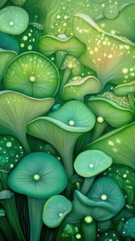 A vibrant illustration of glowing mushrooms in a lush forest setting. The luminescent caps and rich green hues evoke a sense of magic and wonder, perfect for fantasy themes