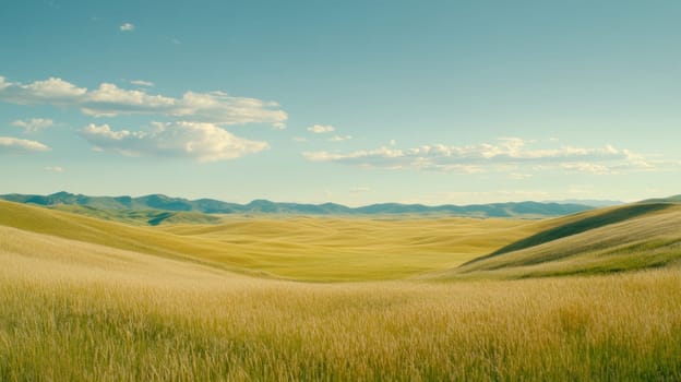 Expansive landscape of rolling hills covered in grass, set against a backdrop of distant mountains and a clear blue sky. The serene scene captures the tranquility of nature and open spaces
