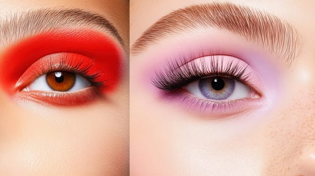 A striking comparison of two female eyes showcasing bold makeup artistry. One eye features intense red eyeshadow with a brown iris, while the other displays soft pink hues with a blue iris, highlighting diverse beauty styles