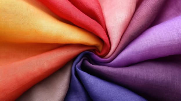 A vivid display of fabric swatches in a spiral pattern, featuring a range of colors from red to purple. Ideal for textile design, fashion, and color theory concepts