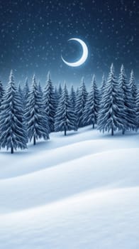 A tranquil winter landscape with snow-laden pine trees and a crescent moon in the night sky. The scene evokes a sense of calm and peacefulness, perfect for seasonal and holiday themes