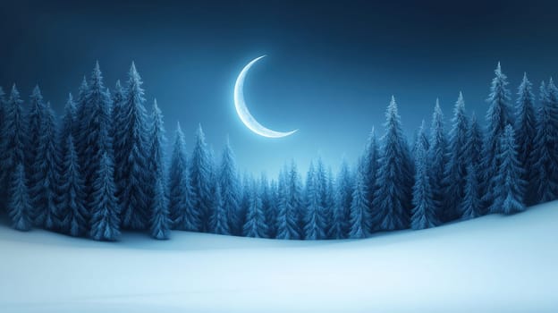 A tranquil winter scene featuring a crescent moon casting a gentle glow over a forest of snow-laden evergreen trees. The serene atmosphere evokes a sense of calm and peacefulness