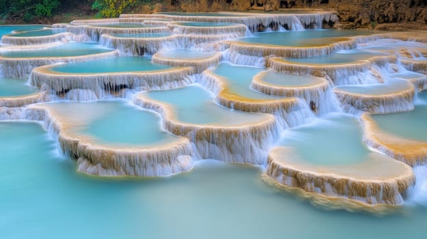 A stunning view of terraced limestone formations with cascading turquoise water, creating a serene and tranquil landscape. The natural beauty and unique geological features make it a captivating scene