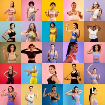 Various women demonstrate strength and fitness in vibrant workout outfits. They engage in exercises, showcasing enthusiasm and diverse styles in a bright, energetic setting.