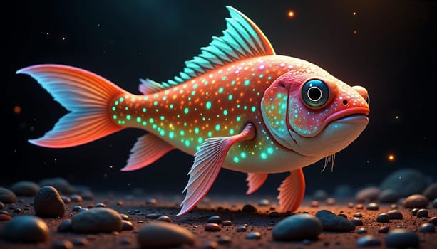 A fish with glowing spots is swimming in a dark pool
