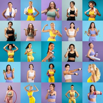 Group of women in athletic clothing engage in various fitness activities against vibrant backgrounds. They hold weights, water bottles, and personal music devices, promoting a healthy lifestyle.
