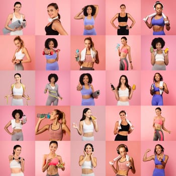 Women of various backgrounds demonstrate their commitment to fitness through poses with workout gear and accessories.