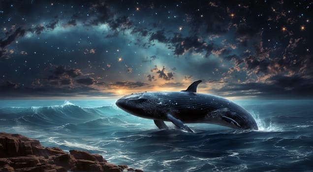 A whale is swimming in the ocean with the sky in the background