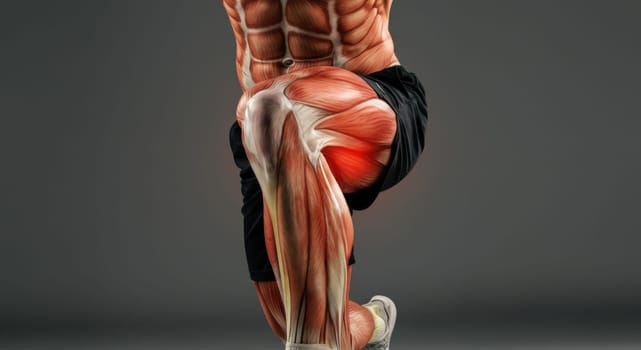 A detailed visualization of a muscular male adult in an exercise pose, anatomical features. the focus on muscles and tendons showcases fitness and strength, providing an educational view of human anatomy in motion.