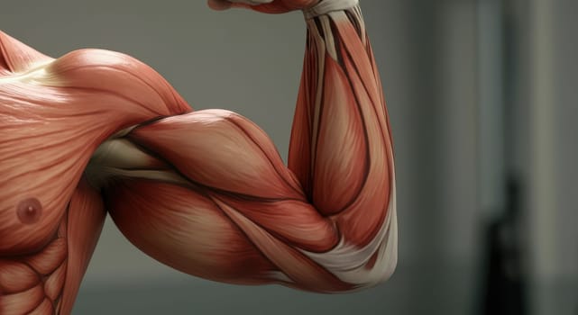 Close-up view of a muscular arm the detailed anatomy and muscle fibers. the intricate depiction complexity of human musculature, ideal for educational and medical studies.