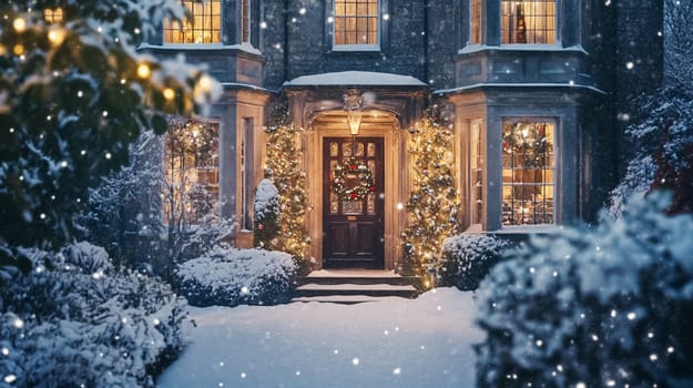 Country manor decorated for Christmas, Merry Christmas holiday idea