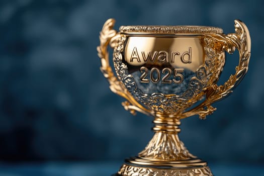 Engraved trophy: award inscription, 2025 year, golden prize, victory token, polished accolade, recognition object, metallic honor, text engraving, ceremonial tribute, achievement symbol
