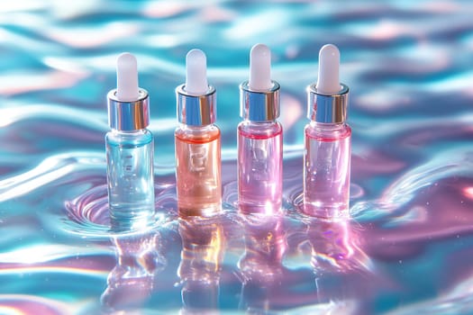 Glass vials with liquid on liquid background. Anti-aging mesotherapy kit, salon skin care procedure. Beauty concept.