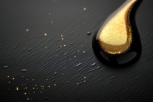 Abstract falling golden oil drop on black background. Modern 3d graphic concept. Luxury background with copy space.