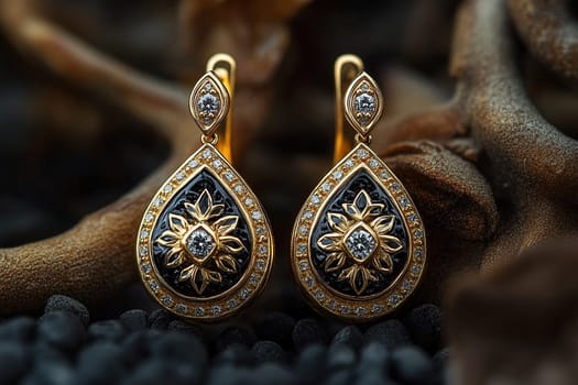 Women's elegant gold earrings with precious stones on a wood texture background.