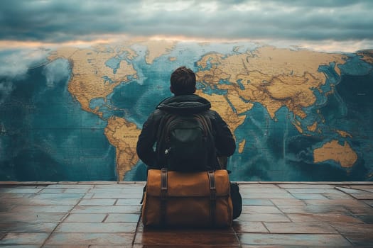 Travel concept. Man sitting on travel bag and looking at world map.