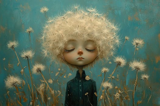 Depressed boy character with dandelion hair. Psycho emotional health concept. Cartoon style.