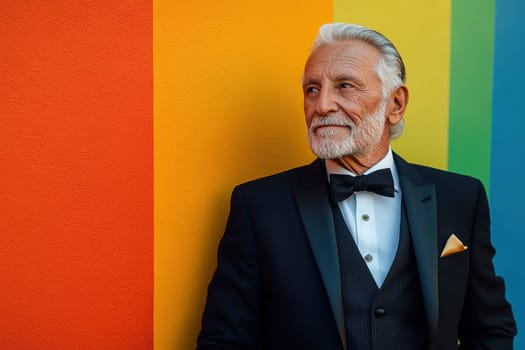 An elderly gray-haired man in a black suit with a bow tie stands near a rainbow wall.