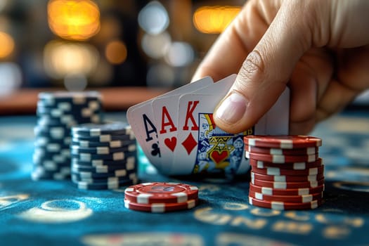 Close-up of large playing cards in a man's hand against the background of stacks of chips on a gaming table.