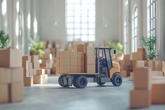 Forklift loaded with boxes inside a warehouse hangar. Cardboard parcels and boxes. Warehouse area. Forklift being loaded. Delivery service warehouse.