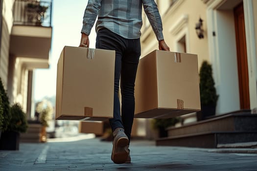 Ground level photo of a man holding two huge cardboard boxes. Concept of moving, delivery, cargo and parcel handling.
