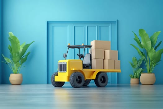 Miniature model of a forklift with cardboard boxes in the back on a wooden surface. Delivery,logistics, transportation. Business background