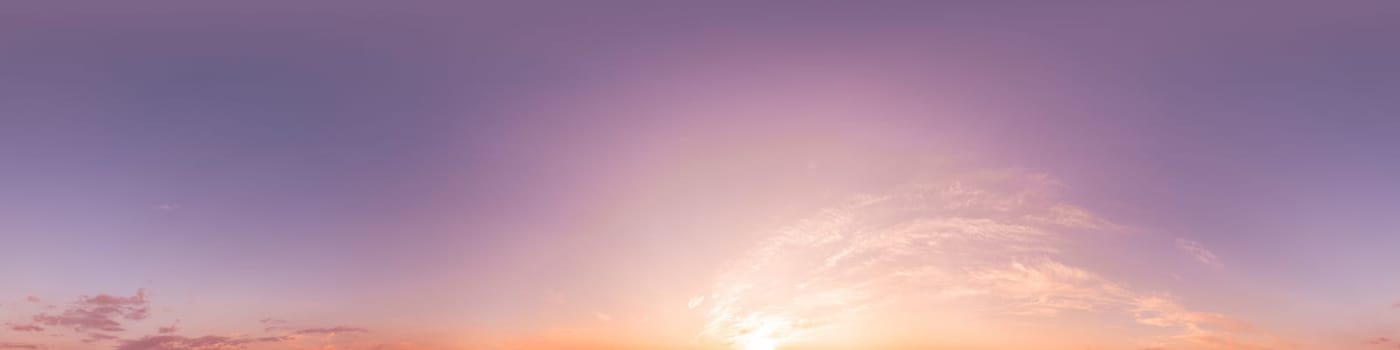 Dramatic Sunset sky 360 panorama. Vibrant sky with bright glowing red pink Cumulus clouds. HDR 360 seamless spherical panorama. Sky dome for aerial drone panoramas. Climate and weather change
