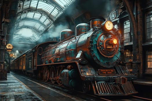Vintage train arrived at the station. Retro photo of a train and a railway station from the past.