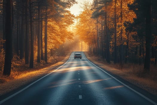 Rear view of a car driving along a beautiful highway surrounded by autumn trees.